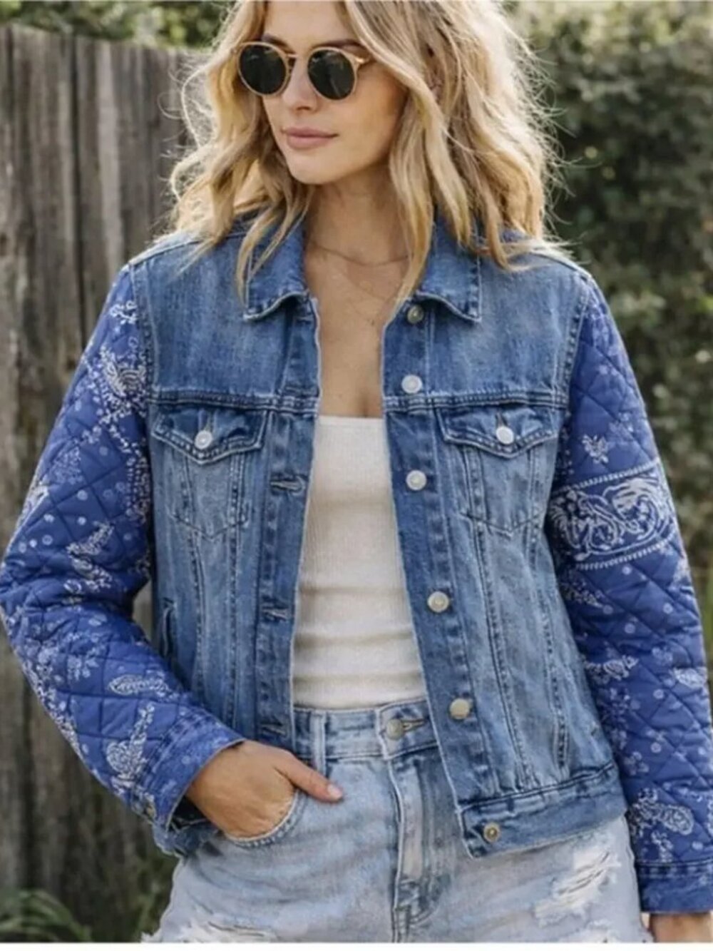 Kensie Jeans Quilted Bandana Print Sleeves Jean Jacket XL Fall Trends 2026